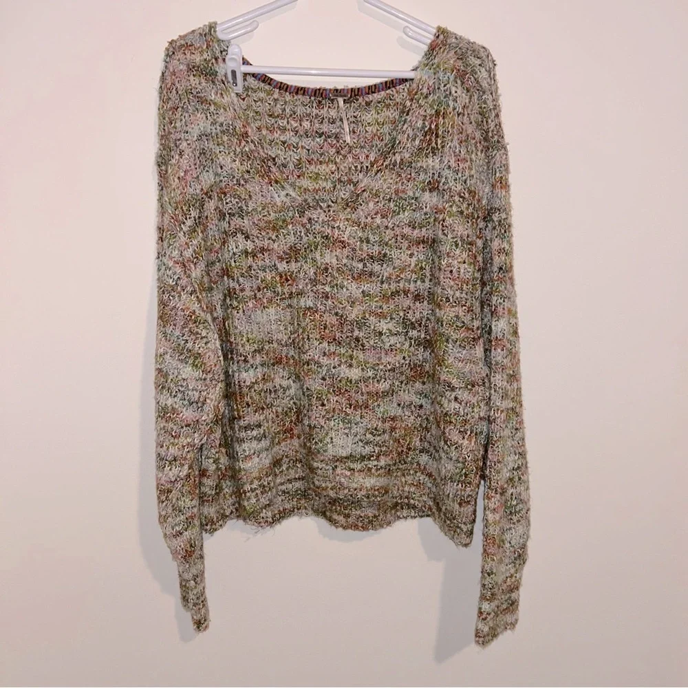 Free People Multi Color Knit Highland V-Neck Sweater in Mendocino Combo